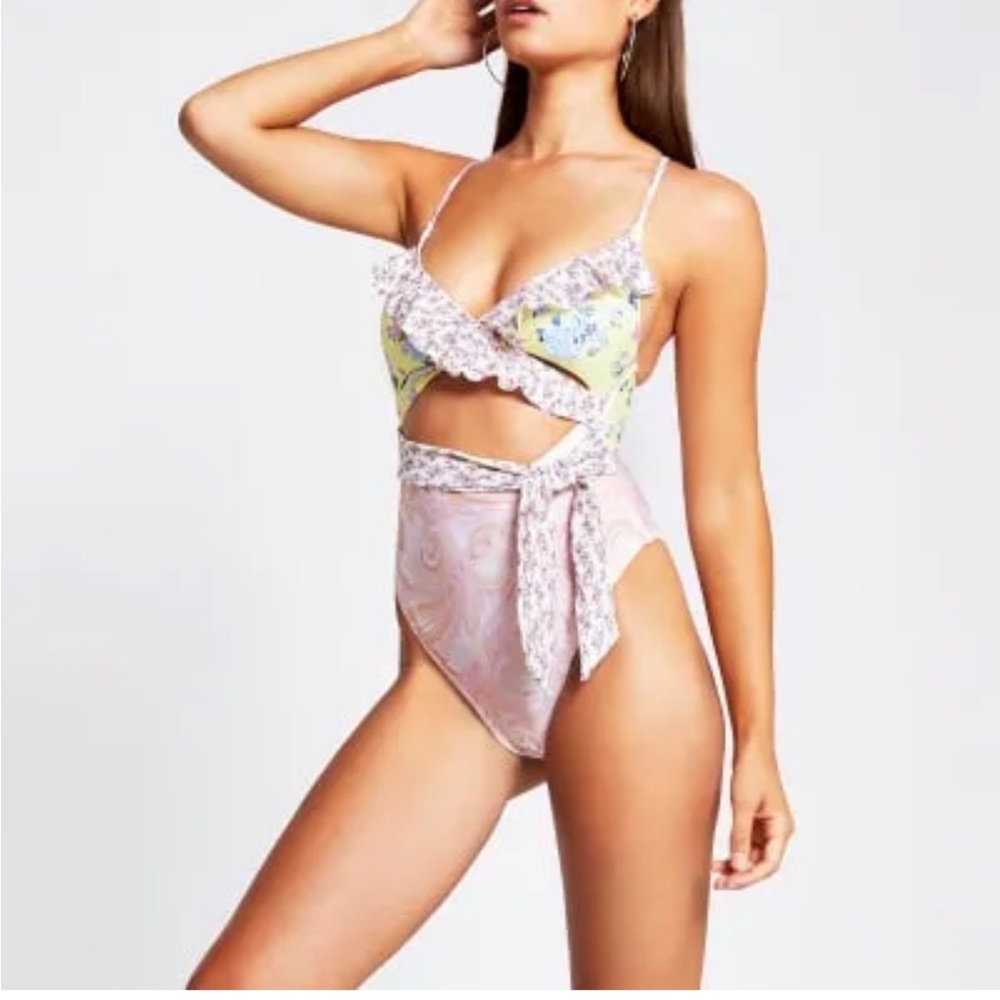 River Island flora ruffle Yellow and Blue Swimsuit criss cross